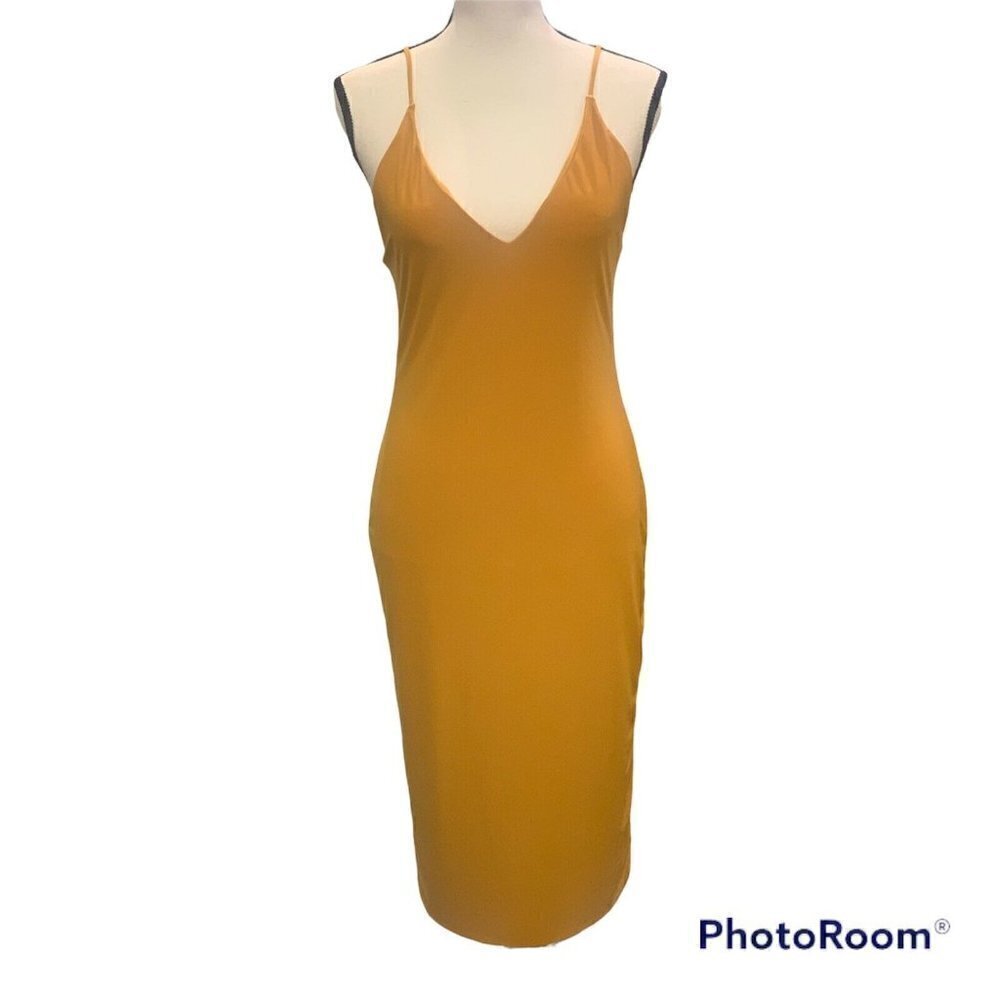 Fashion Nova Anne Marie Midi Dress Size L Mustard Spaghetti Straps